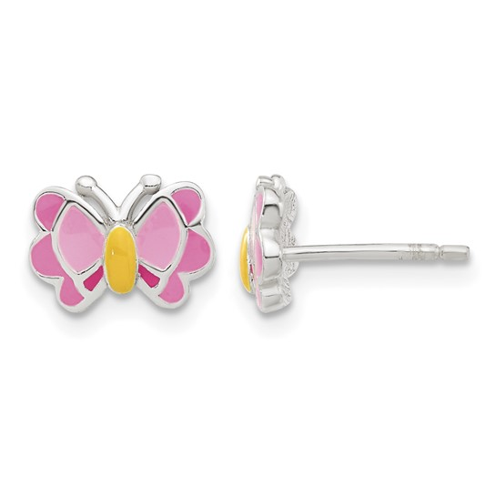 Pink and orange enamel butterfly stud earrings front and side view