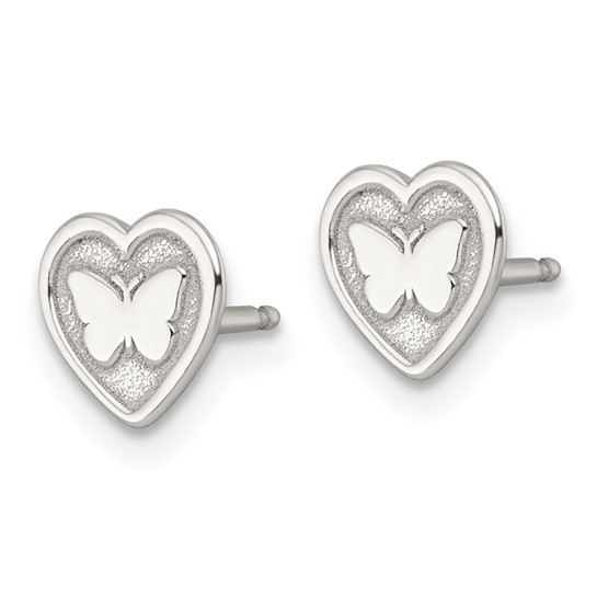 Pair of sterling silver butterfly-in-heart stud earrings