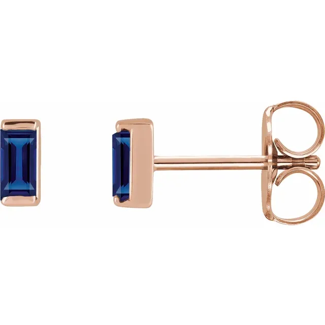 Lab-grown blue sapphire baguette stud earrings in 14K rose gold, side view