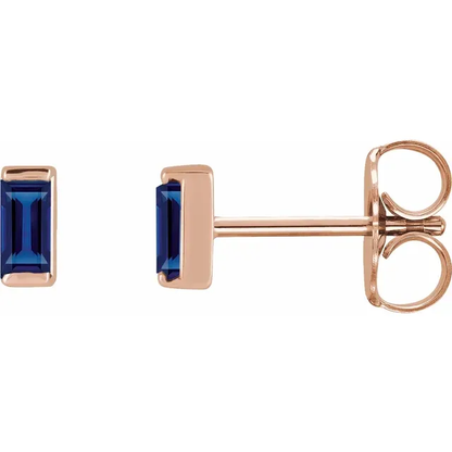 Lab-grown blue sapphire baguette stud earrings in 14K rose gold, side view