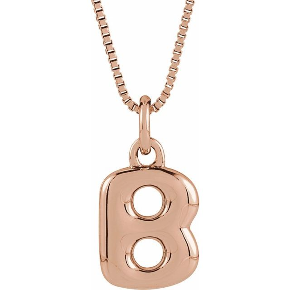 Bubble initial B necklace in 14K rose gold, front view