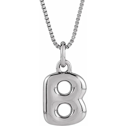 Bubble initial B necklace in 14K white gold or sterling silver, front view
