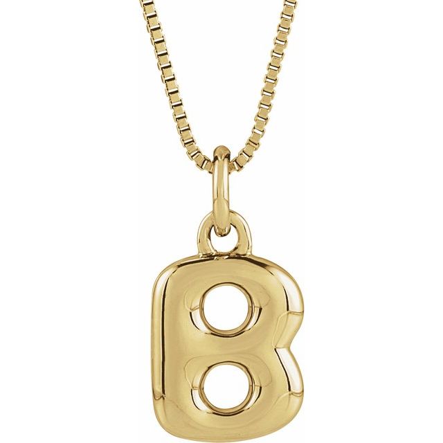 Bubble initial B necklace in yellow metal, front view