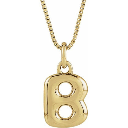 Bubble initial B necklace in yellow metal, front view