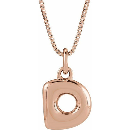 Bubble initial D necklace in rose metal, front view