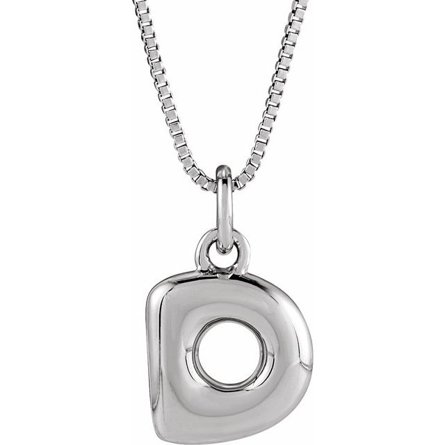 Bubble initial D necklace in white metal, front view