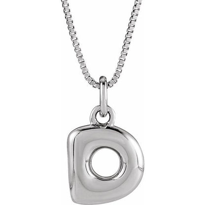 Bubble initial D necklace in white metal, front view