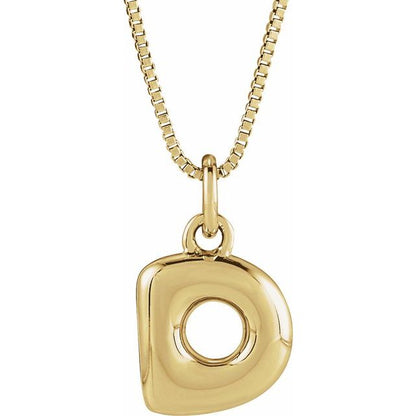 Bubble initial D necklace in yellow metal, front view