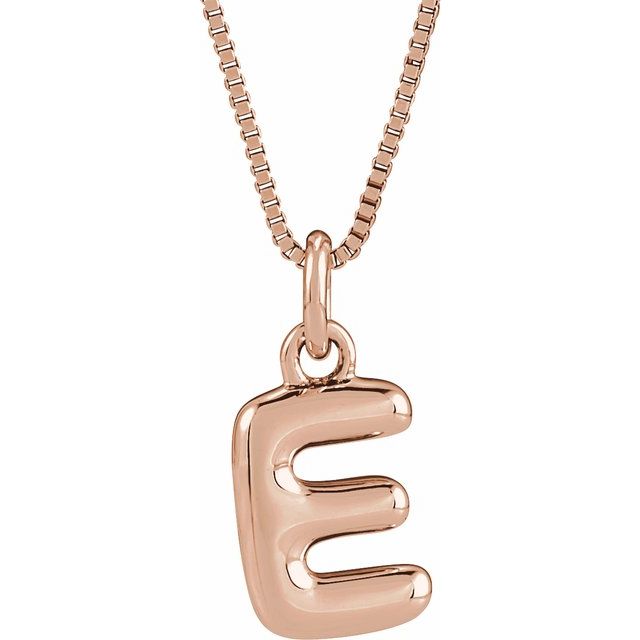 Bubble initial E necklace in rose metal, front view