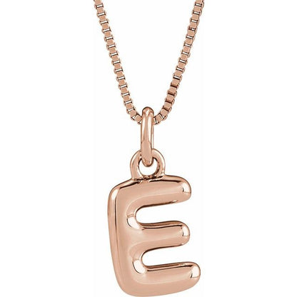 Bubble initial E necklace in rose metal, front view