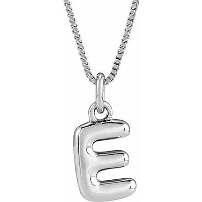 Bubble initial E necklace in white metal, front view
