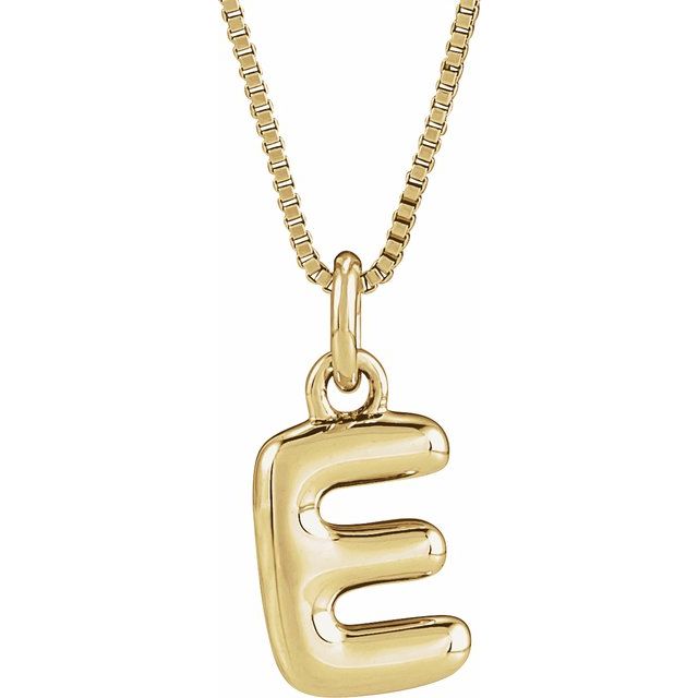 Bubble initial E necklace in yellow metal, front view