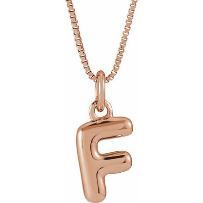 Bubble initial F necklace in rose metal, front view