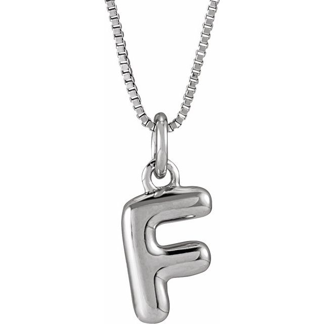 Bubble initial F necklace in white metal, front view