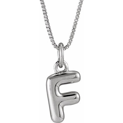 Bubble initial F necklace in white metal, front view