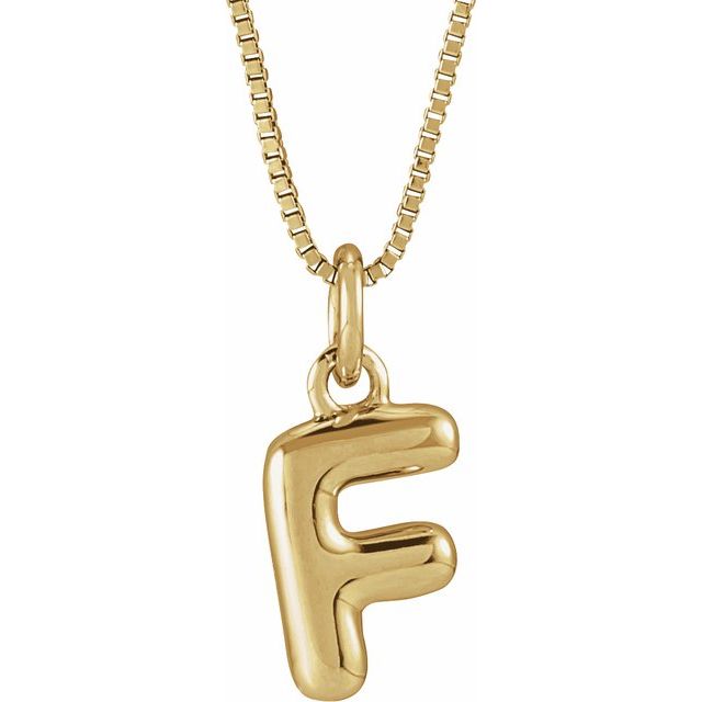 Bubble initial F necklace in yellow metal, front view