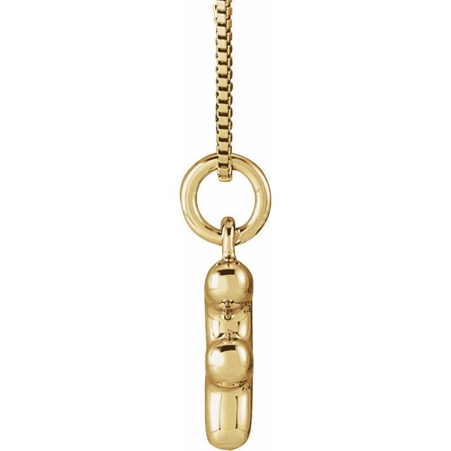 Bubble initial F necklace in yellow metal, side view