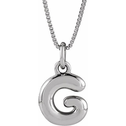 Bubble initial G necklace in white metal, front view