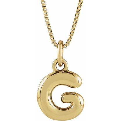 Bubble initial G necklace in yellow metal, front view