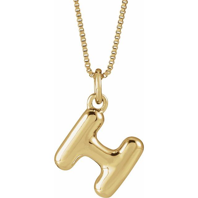 Bubble initial H necklace in yellow metal, front view