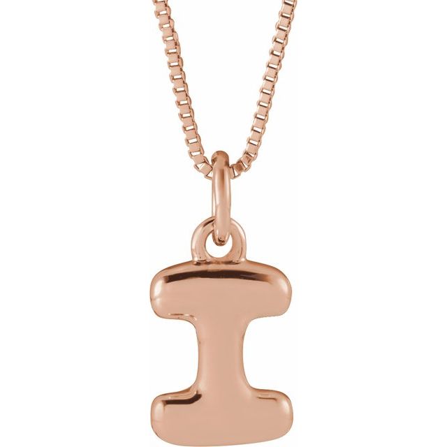 Bubble initial I necklace in rose metal, front view