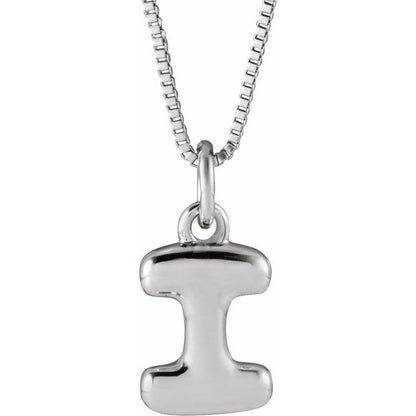 Bubble initial I necklace in white metal, front view