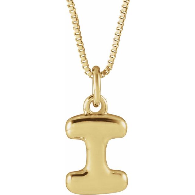 Bubble initial I necklace in yellow metal, front view
