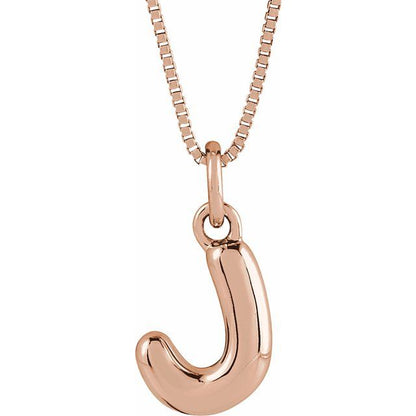 Bubble initial J necklace in rose metal, front view