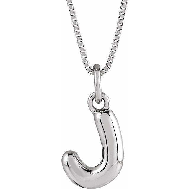 Bubble initial J necklace in white metal, front view