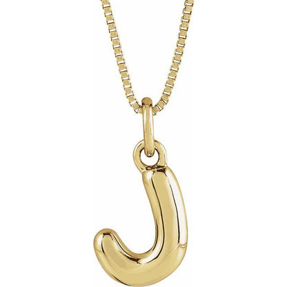 Bubble initial J necklace in yellow metal, front view