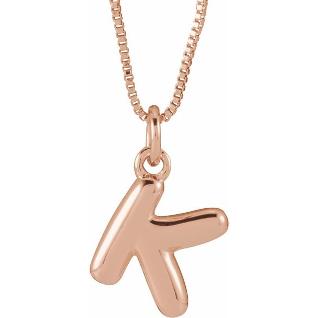 Bubble initial K necklace in rose metal, front view
