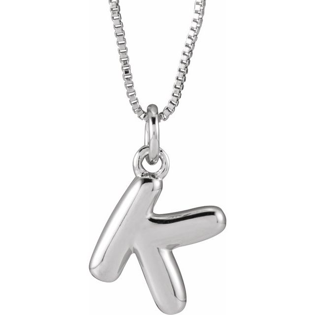 Bubble initial K necklace in white metal, front view