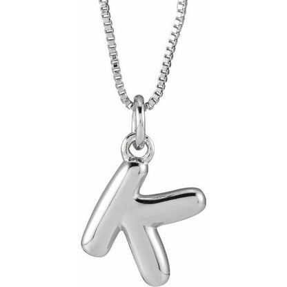 Bubble initial K necklace in white metal, front view