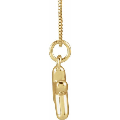 Bubble initial K necklace in yellow metal, side view