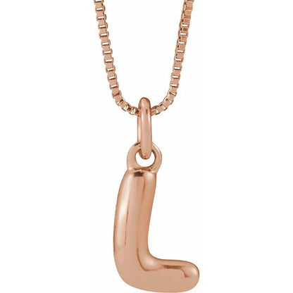 Bubble initial L necklace in rose metal, front view