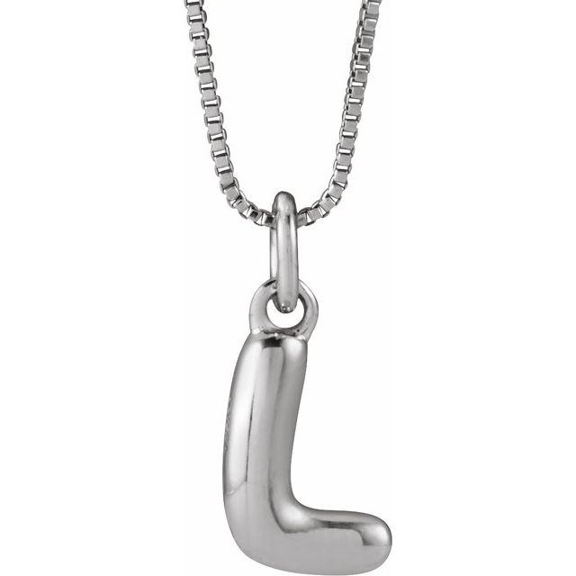 Bubble initial L necklace in white metal, front view