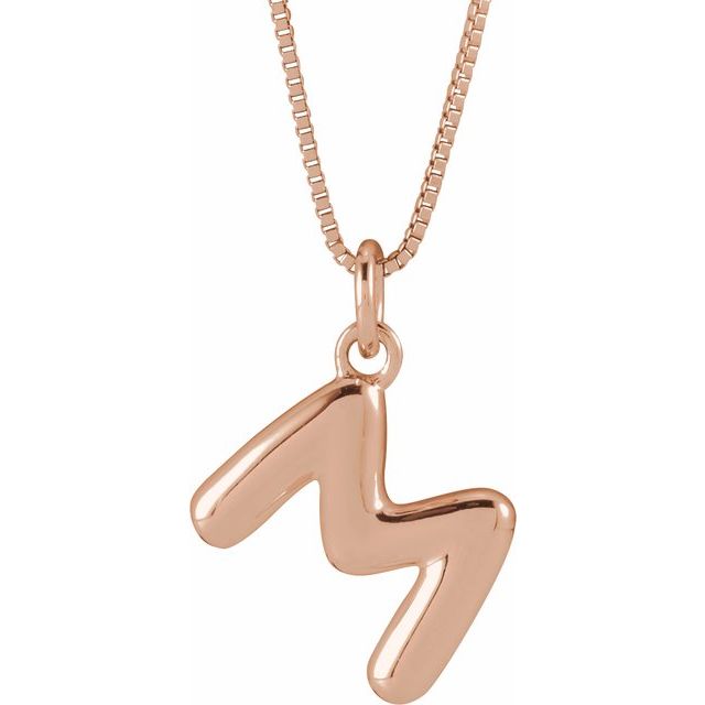 Bubble initial M necklace in rose metal, front view