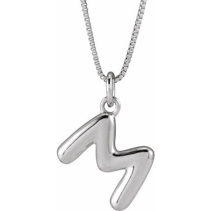Bubble initial M necklace in white metal, front view