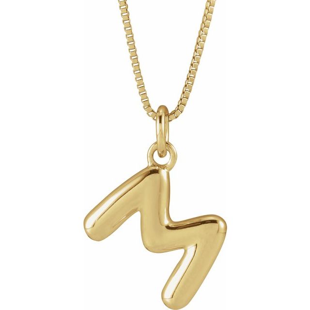 Bubble initial M necklace in yellow metal, front view