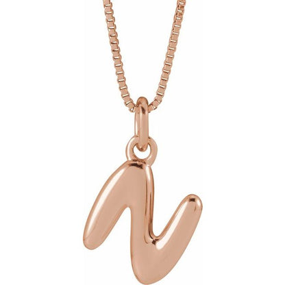Bubble initial N necklace in rose metal, front view