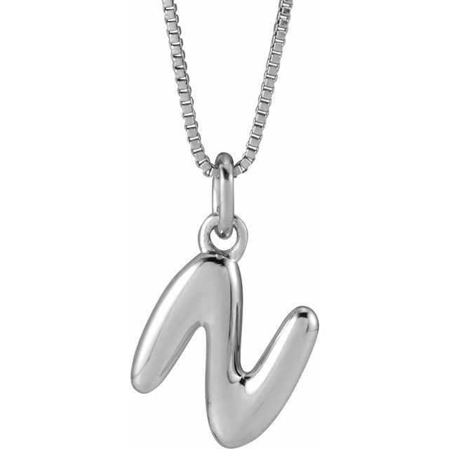 Bubble initial N necklace in white metal, front view