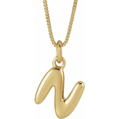 Bubble initial N necklace in yellow metal, front view