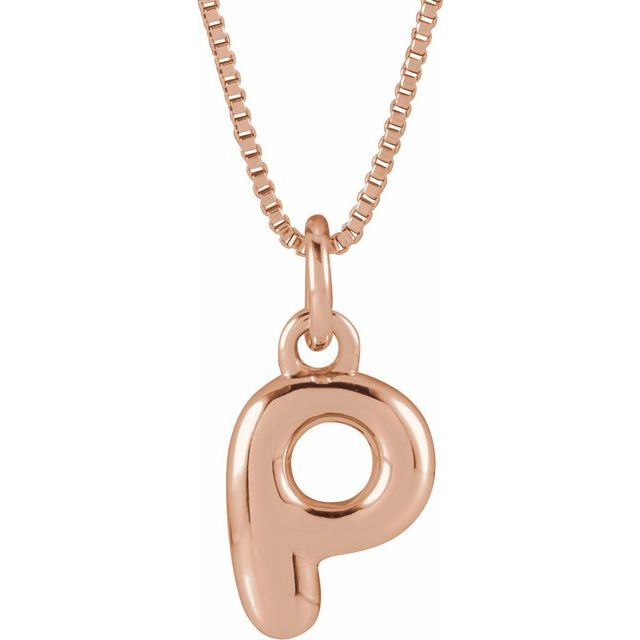 Bubble initial P necklace in rose metal, front view
