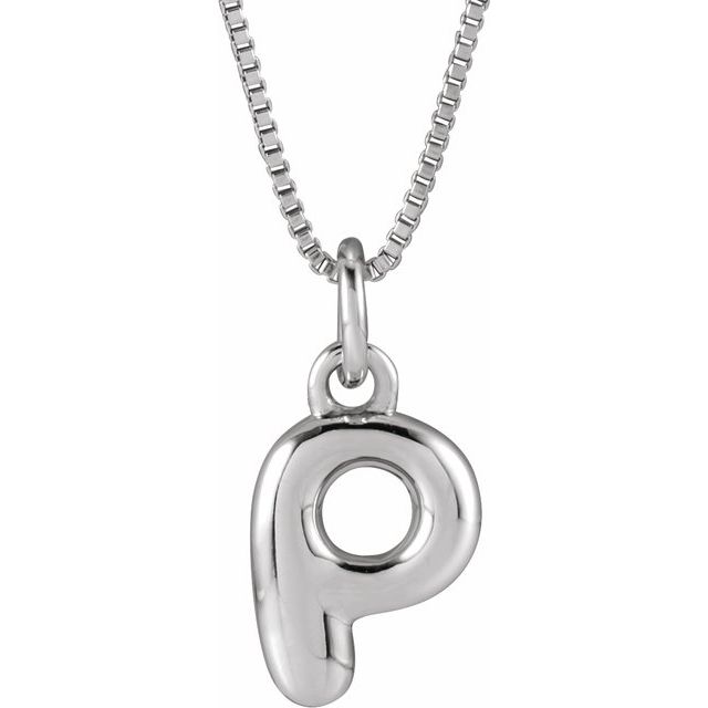 Bubble initial P necklace in white metal, front view