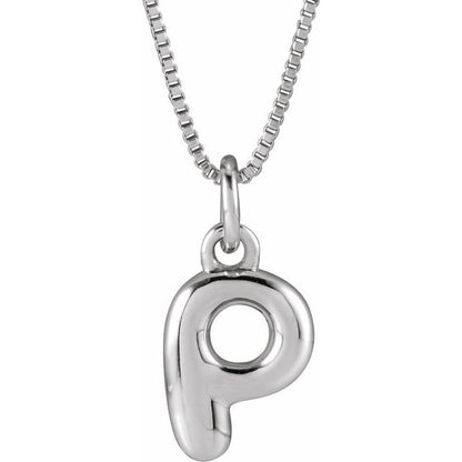 Bubble initial P necklace in white metal, front view