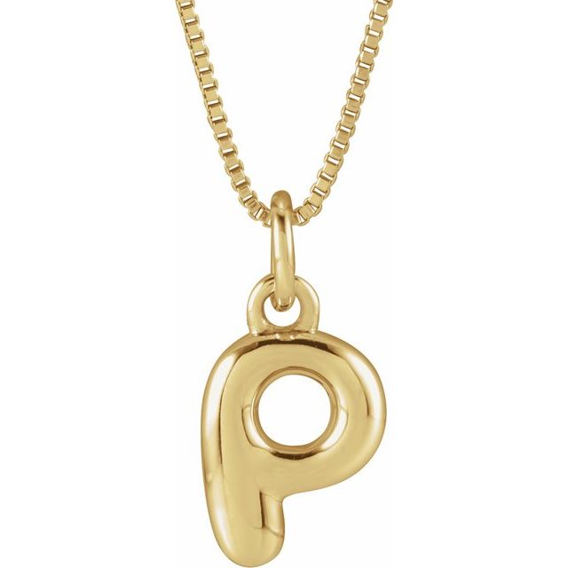 Bubble initial P necklace in yellow metal, front view