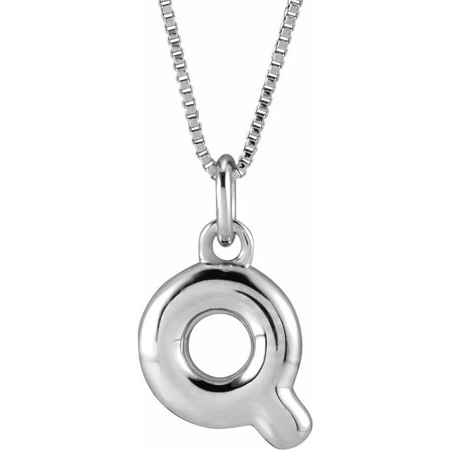 Bubble initial Q necklace in white metal, front view