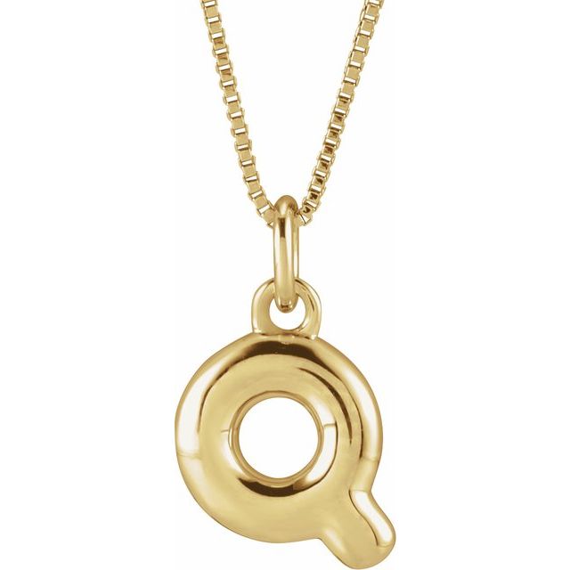 Bubble initial Q necklace in yellow metal, front view