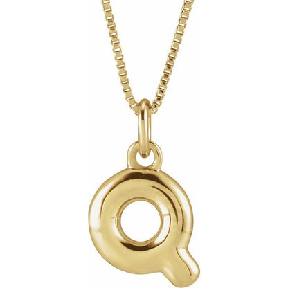 Bubble initial Q necklace in yellow metal, front view