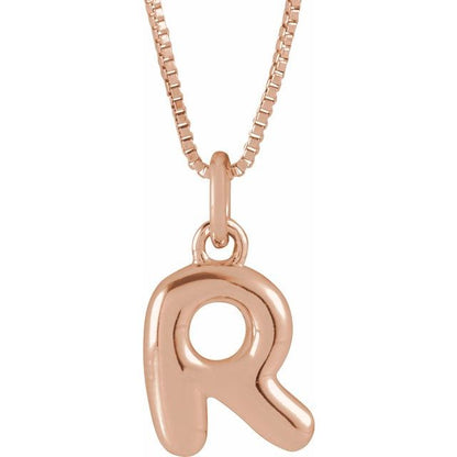 Bubble initial R necklace in rose metal, front view